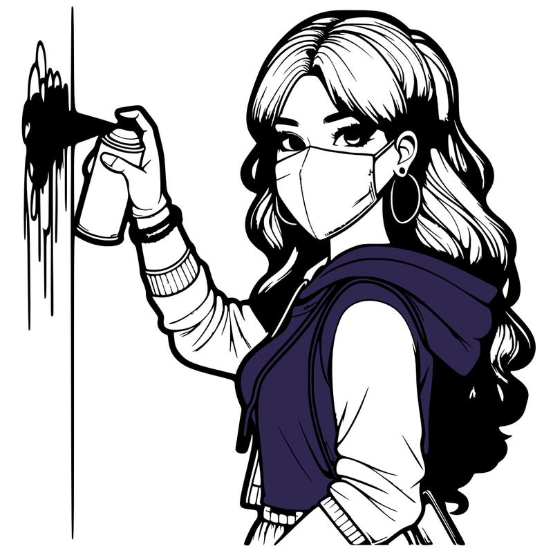 realistic girl with mask spray painting a wall