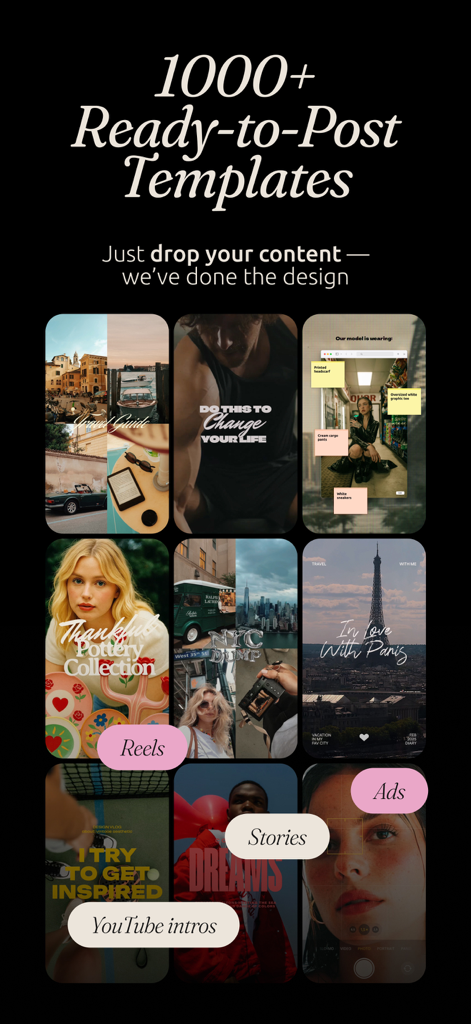 Templify・ Photo & Video Editor - Templify app screen showing a grid of over 1000 ready-to-post templates for Reels, Stories, Ads, and YouTube intros