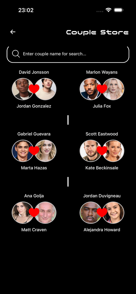 Magis TV & Movie Vault - Screen showing the Couple Store feature with pairs of actors and a search bar for discovering on-screen movie romances