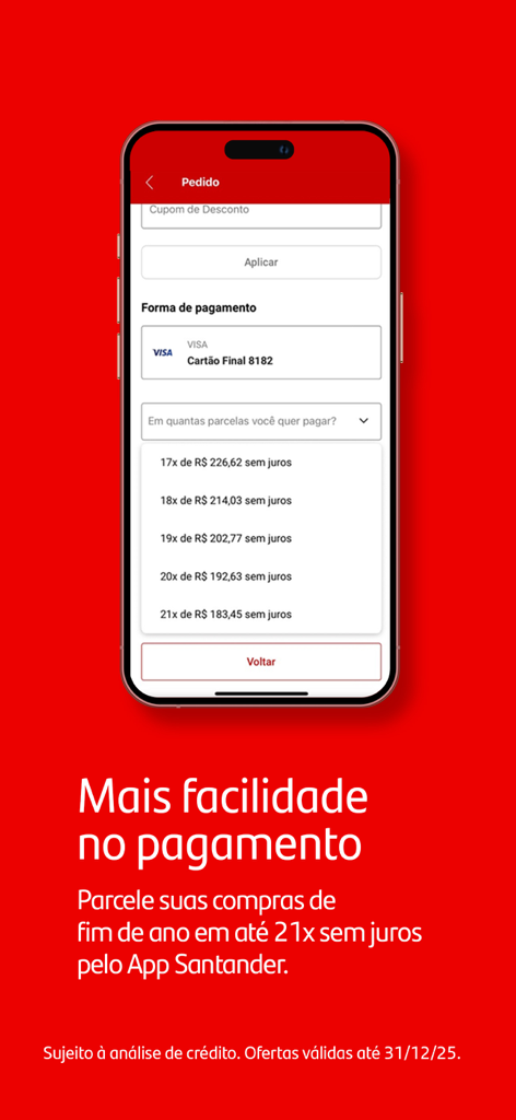 Banco Santander Brasil - Pantalla de la aplicación móvil Santander Brasil mostrando opciones para cuotas de tarjeta de crédito sin intereses hasta 21x