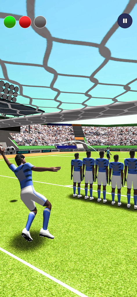 Penalty Kick: Football Games - Un joueur de football se prépare à tirer un coup franc contre un mur de défenseurs dans un stade 3D.