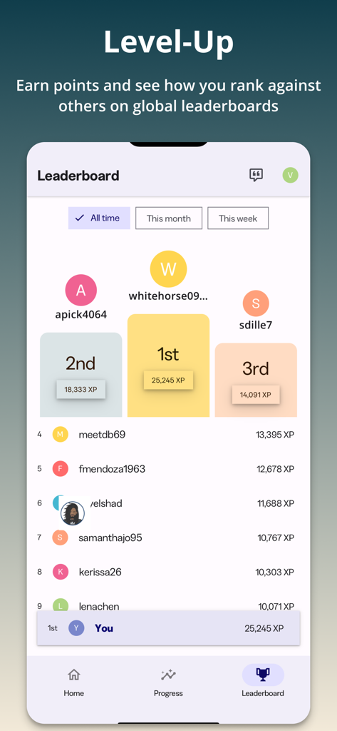 A global leaderboard in the Official TOEFL Practice app showing student rankings and earned XP for gamified test preparation.