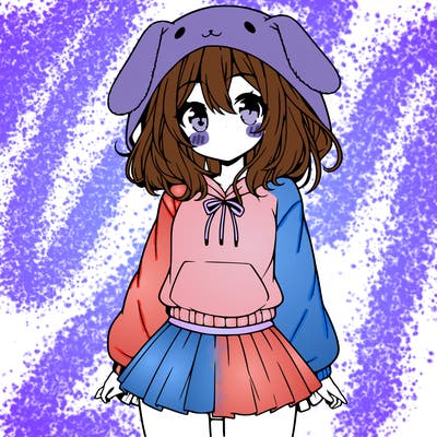pretty anime girl wearing a fluffy hoodie with bunny ears on the hood and a skirt