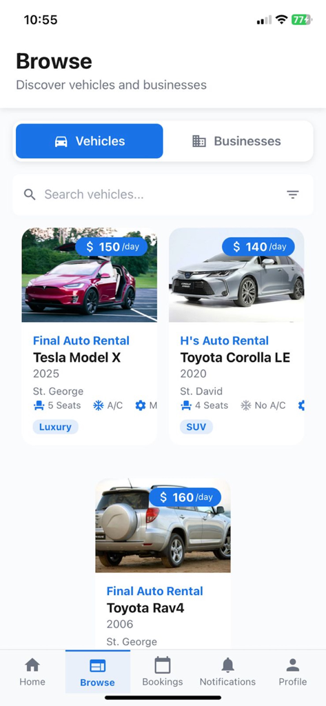 RentMe Grenada - 렌트미 그레나다 모바일 앱 탐색 화면, 테슬라 및 토요타 모델의 일일 요금이 포함된 차량 렌탈 목록 표시