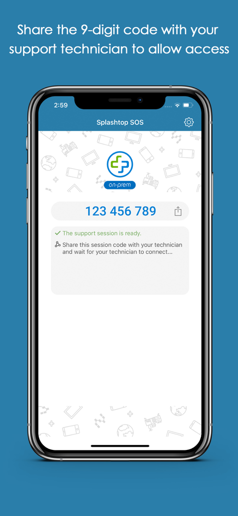 App SOS On-Prem di Splashtop su iPhone che mostra un codice di sessione di nove cifre per il supporto remoto