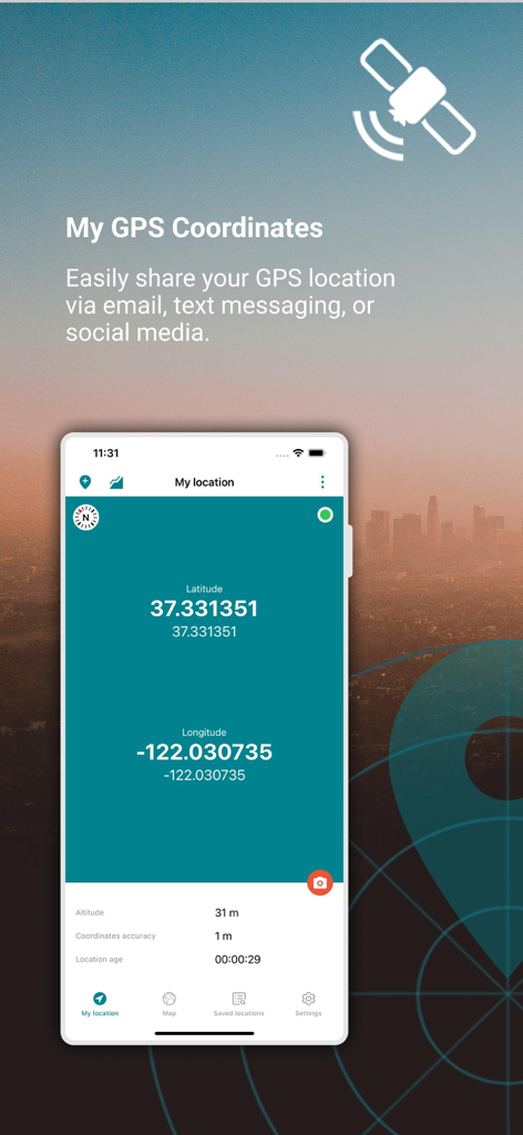My GPS Coordinates ° - Una pantalla de teléfono inteligente que muestra las coordenadas GPS, incluyendo latitud, longitud y altitud