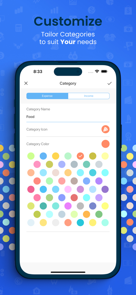 Expense Now マネーオーガナイザーアプリで、アイコンと色オプションを使用して支出カテゴリをカスタマイズするためのインターフェース