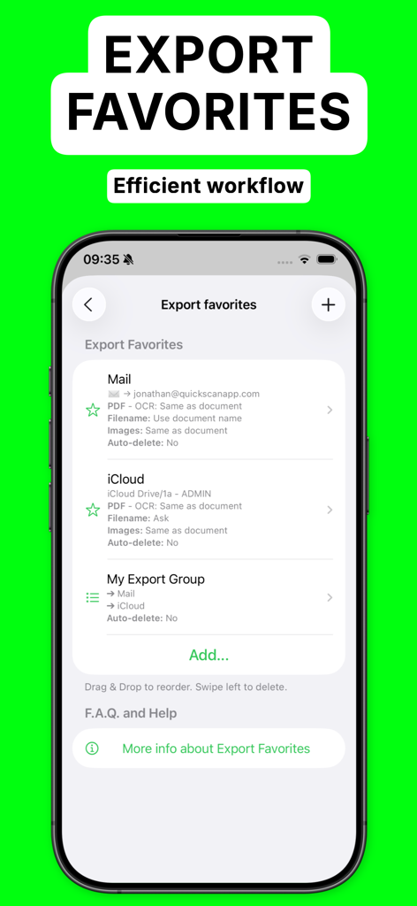 iPhone screen showing the Export Favorites menu in the QuickScan app for automated file sharing to Mail and iCloud