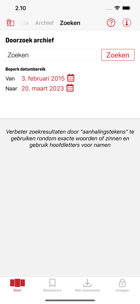 Pantalla de búsqueda de archivo de la aplicación del periódico digital Tubantia con filtros de rango de fechas.