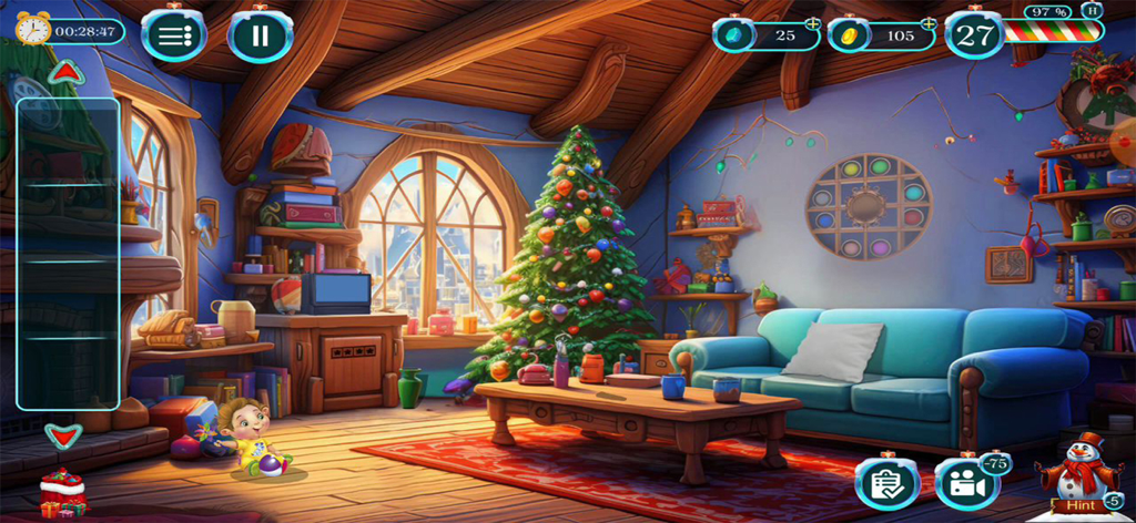 A festive living room with a decorated Christmas tree and hidden object puzzles