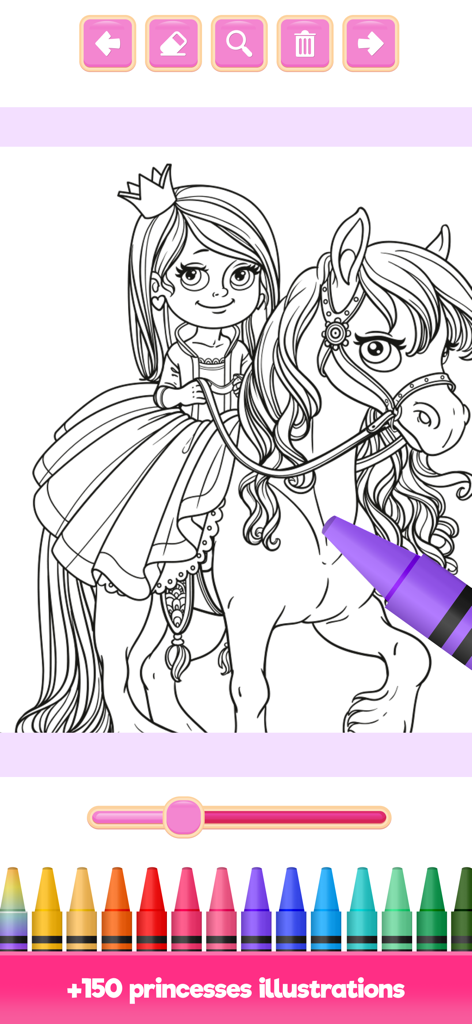 Magic Princess Coloring Book . - A coloring page featuring a princess on a horse with a selection of digital crayons below