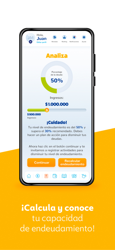 Aplicación Miga - Analysis of debt percentage and financial status in the Miga mobile app