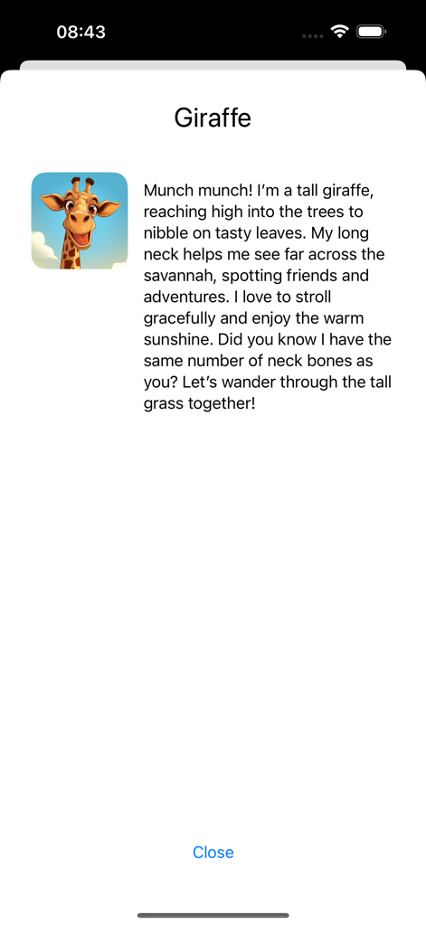 Safari-Sounds - Página de perfil de girafa educacional apresentando uma ilustração e fatos divertidos para crianças