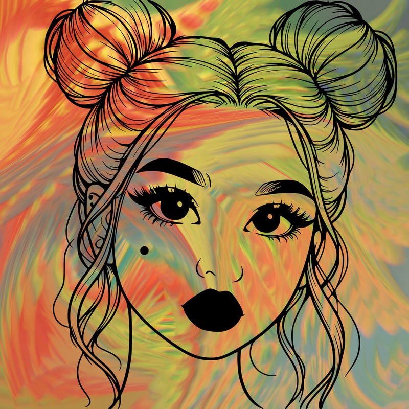 realistic girl with two buns on her hair and lips