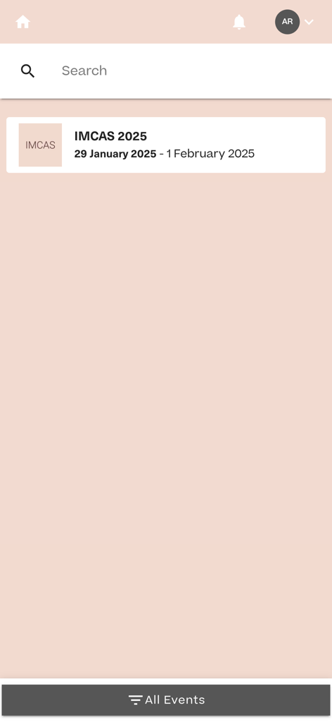 AMI - Liveモバイルアプリのインターフェイス。IMCAS 2025を含む、検索可能な美容医療イベントのリストを表示しています。