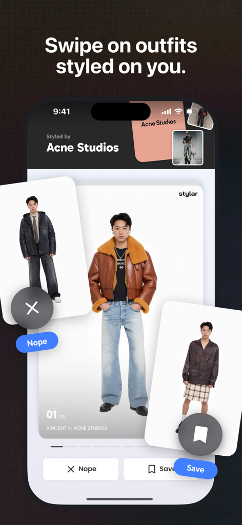 Stylar - Interfaz de smartphone mostrando la app Stylar donde un usuario puede deslizar hacia la izquierda para rechazar o hacia la derecha para guardar varios conjuntos en su avatar virtual.