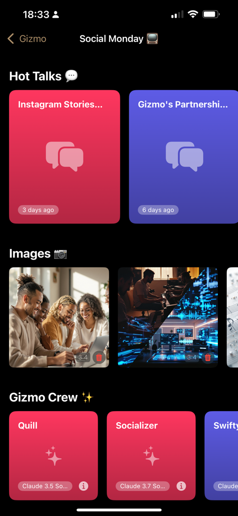 Panel de Gizmo Evo mostrando tarjetas de chat de IA y tripulación de asistentes especializados.