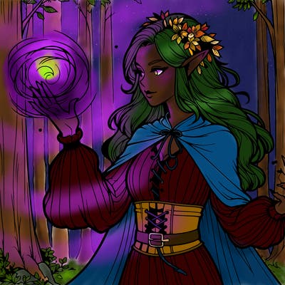 realistic elf in forest using her magic powers