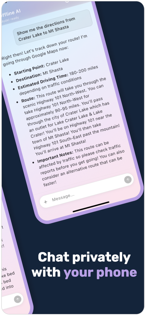 Offline AI - Private LLM - オフラインAIがクラッターレイクからマウントシャスタまでの運転ルートを案内しているプライベートチャットセッションを表示するスマートフォン画面。