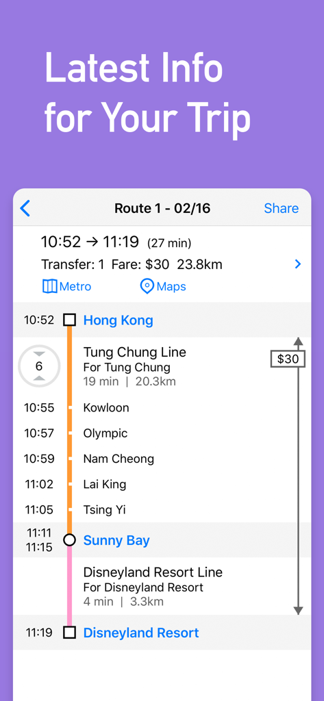 MetroMan Hong Kong app interface showing a detailed metro route from Hong Kong station to Disneyland Resort including fare and travel time information