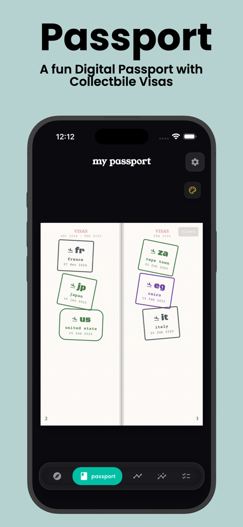 been: My Countries Visited Map - A smartphone displaying the digital passport feature with collectible visa stamps for various countries in the Been app.