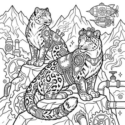 Discover the captivating world of Steampunk Snow Leopards, where majestic wild cats meet intricate Victorian machinery. This unique coloring page offers a thrilling blend of fantasy and retro-futuristic charm, perfect for creative minds.