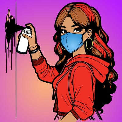 realistic girl with mask spray painting a wall