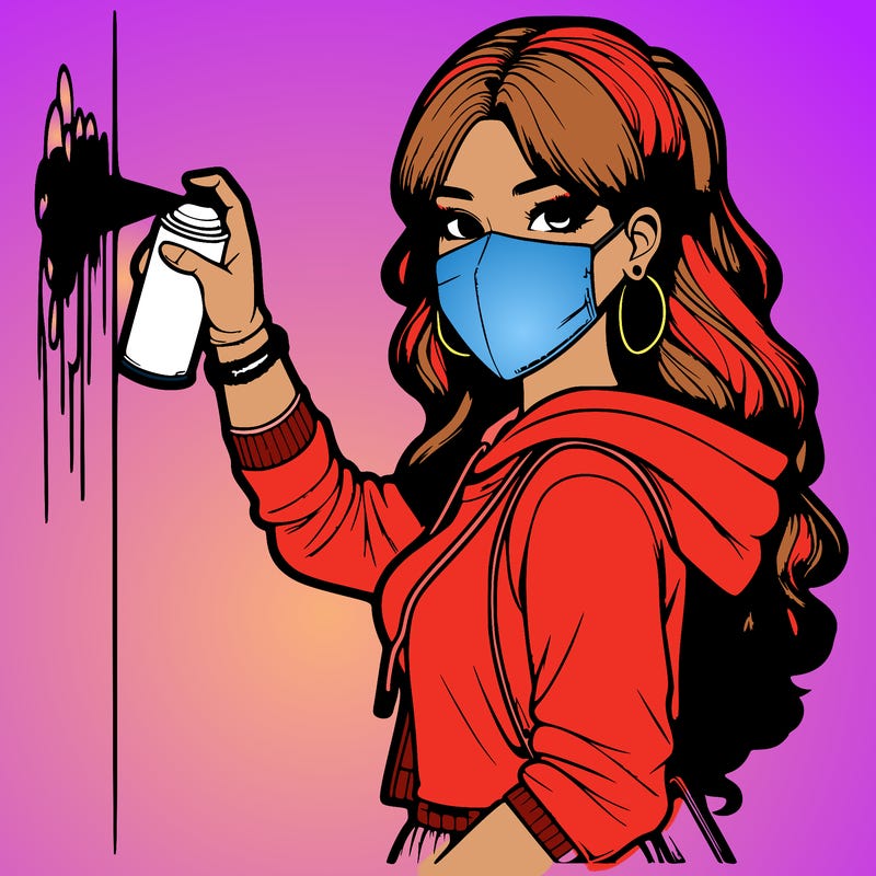 realistic girl with mask spray painting a wall