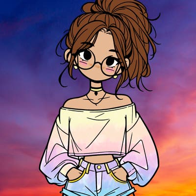 girl with a messy ponytail glasses a baggy crop top and jean shorts