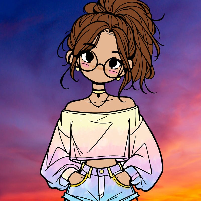 girl with a messy ponytail glasses a baggy crop top and jean shorts