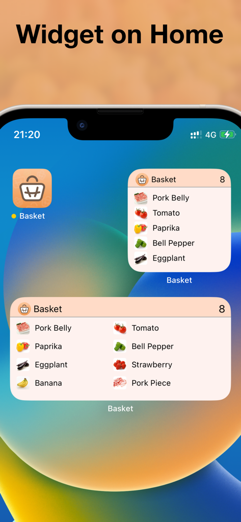 Shared shopping list : basket - Pantalla de inicio de iOS que muestra widgets de listas de compras de la aplicación Basket