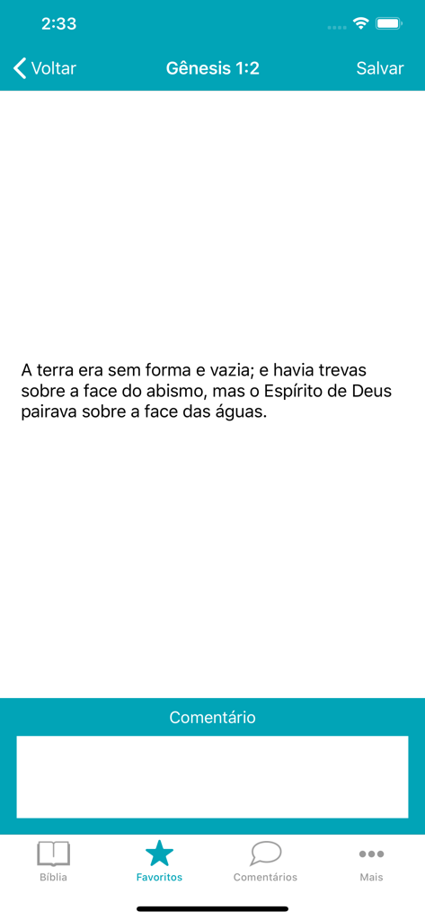 Bíblia Sagrada Evangélica - Screenshot of the Portuguese Bible app showing Genesis chapter 1 verse 2 with an area for user comments
