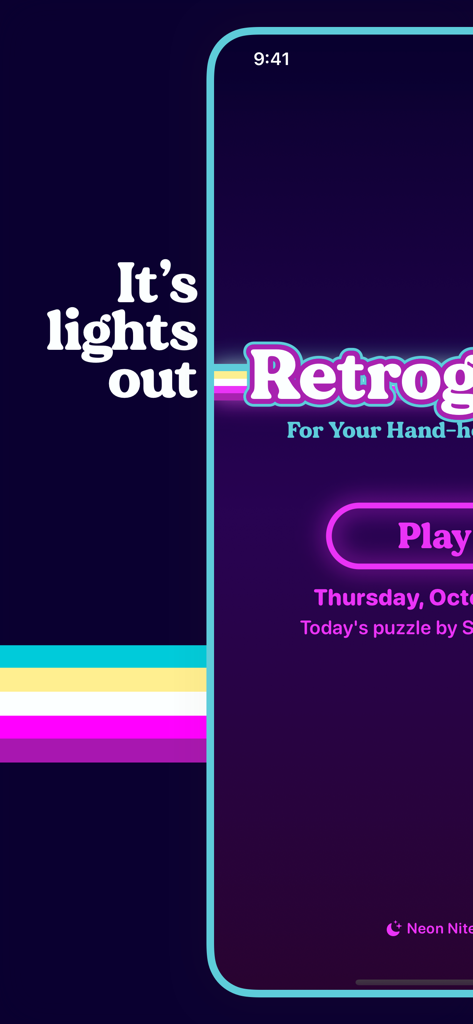 Retrogram - Retrogram word puzzle app showing a 1970s neon aesthetic in dark mode