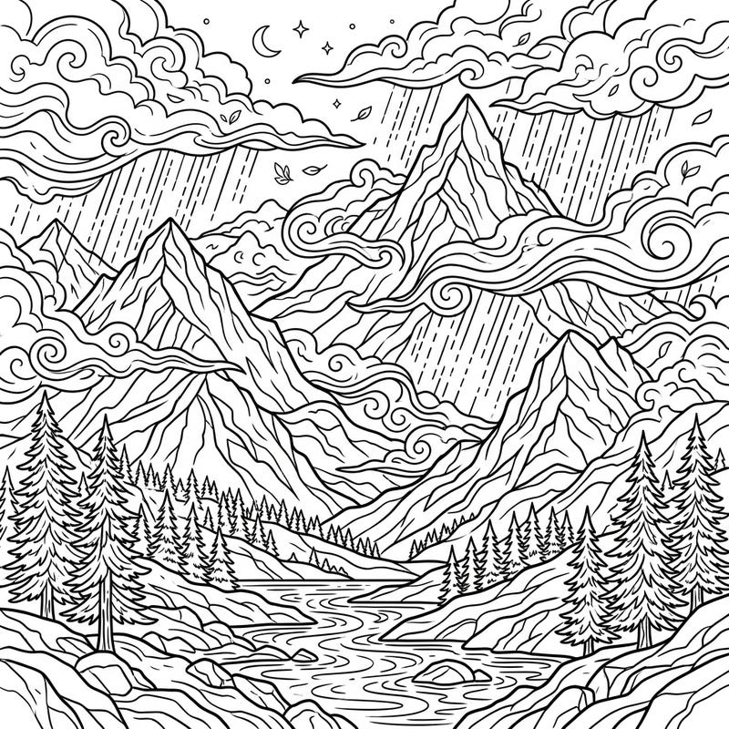Journey to a captivating landscape where majestic misty mountains meet a peaceful rainy day. This intricate coloring page invites you to add your personal touch to dramatic peaks, swirling clouds, and a winding river.