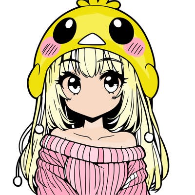 anime girl with chick shaped hat with sweater with bare shoulders with bangs covering them one eye with low tail