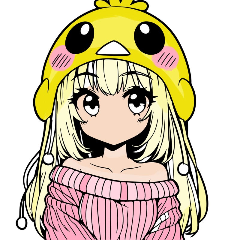 anime girl with chick shaped hat with sweater with bare shoulders with bangs covering them one eye with low tail