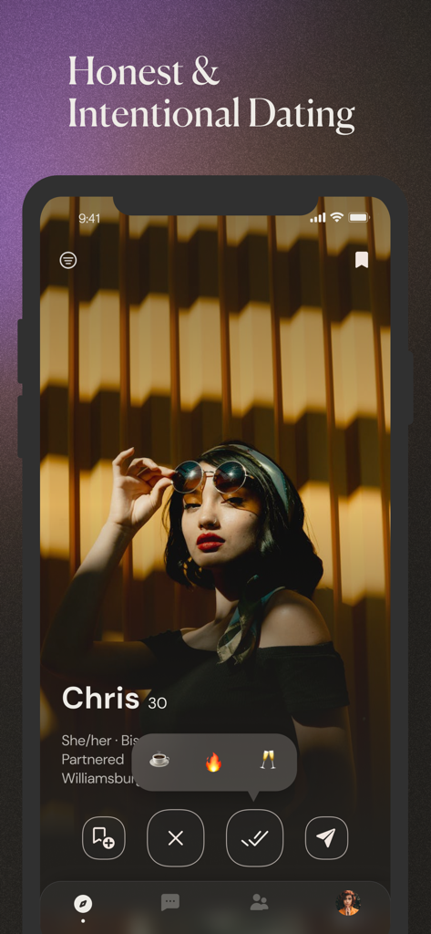 Beyond: Modern Dating App - Smartphone screen showing a user profile on the Beyond dating app with the headline Honest and Intentional Dating