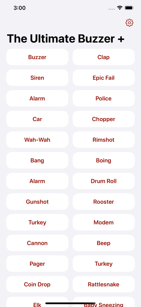 Interfaz de tabla de sonidos de The Ultimate Buzzer Pro mostrando una cuadrícula de botones de efectos de sonido como buzzer, sirena y aplausos