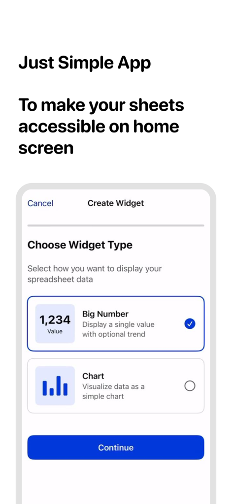 Mobile app screen showing options to choose a widget type between big number or chart for Google Sheets data.