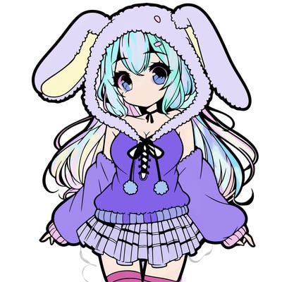 pretty anime girl wearing a fluffy hoodie with bunny ears on the hood and a skirt
