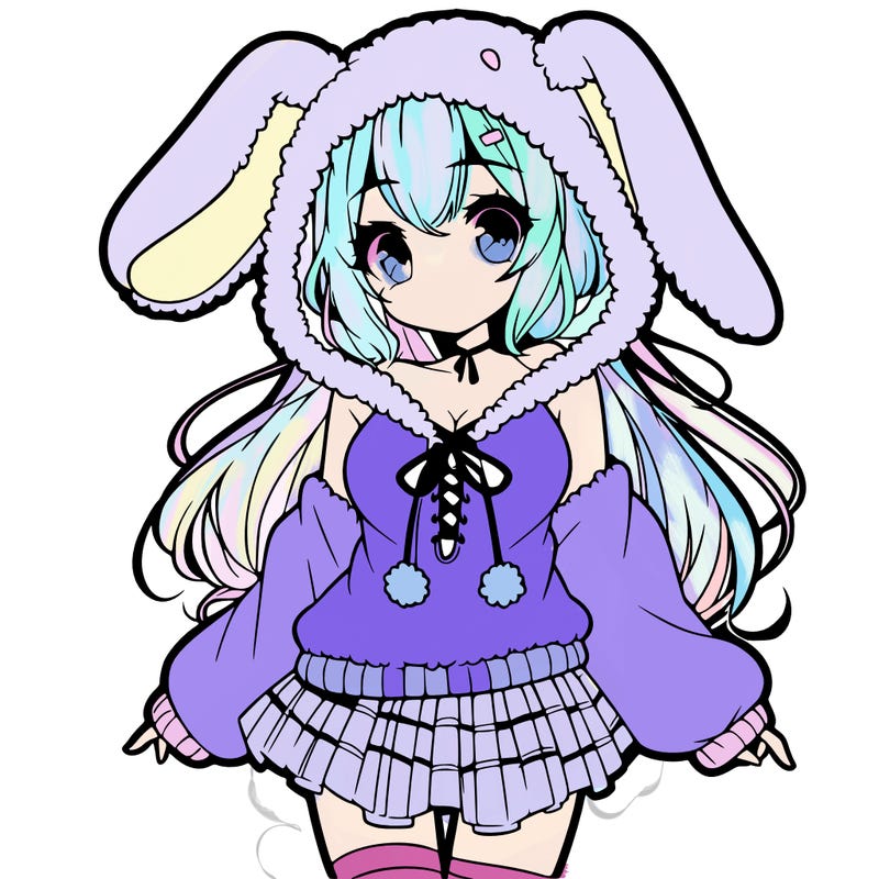 pretty anime girl wearing a fluffy hoodie with bunny ears on the hood and a skirt