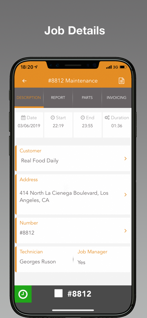 Synchroteam app job details screen showing maintenance work order information and customer location