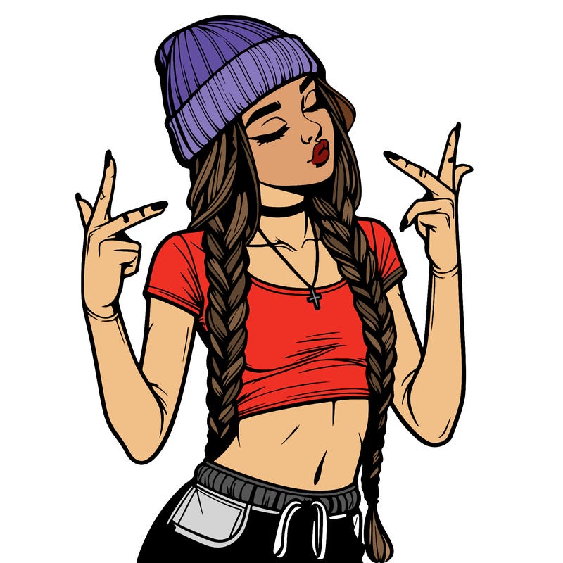 realistic teenage girl with braids and a beanie and crop top doing 🫶🏼