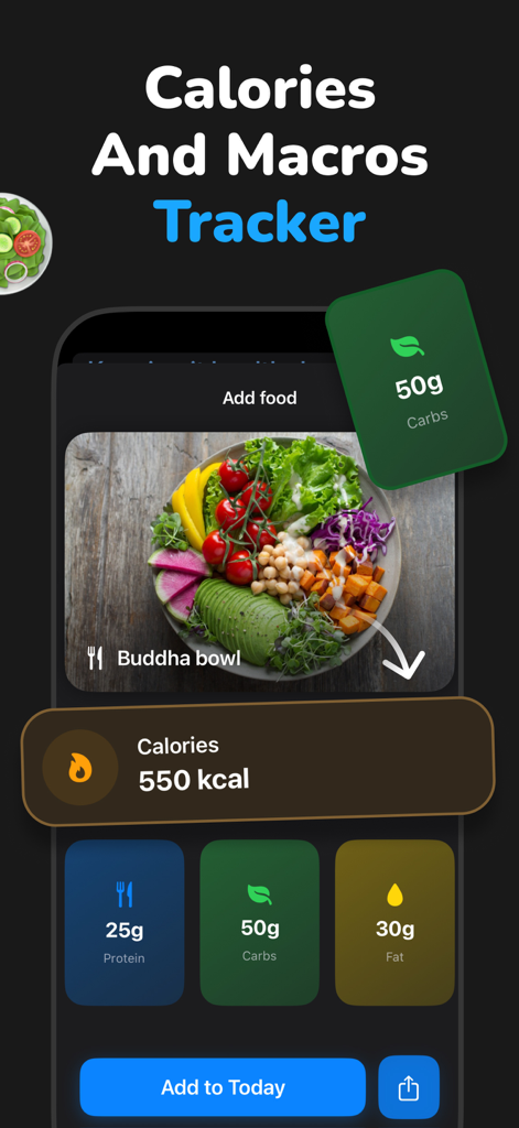 CalorIQ: AI Calorie Tracker - Interfaz de la aplicación CalorIQ mostrando el desglose de calorías y macronutrientes para un bowl estilo Buda.