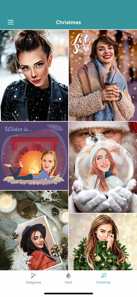 Christmas Photo Frames ゜ - Interface showing various Christmas photo frames and festive filters