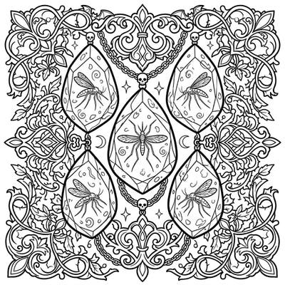 Delve into a world of dark elegance with this unique coloring page featuring amber mosquitoes encased in gothic splendor. Intricate Victorian lace, mysterious motifs, and ancient insects offer a captivating coloring experience for adults and teens.