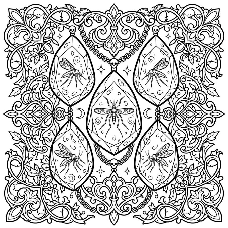 Delve into a world of dark elegance with this unique coloring page featuring amber mosquitoes encased in gothic splendor. Intricate Victorian lace, mysterious motifs, and ancient insects offer a captivating coloring experience for adults and teens.
