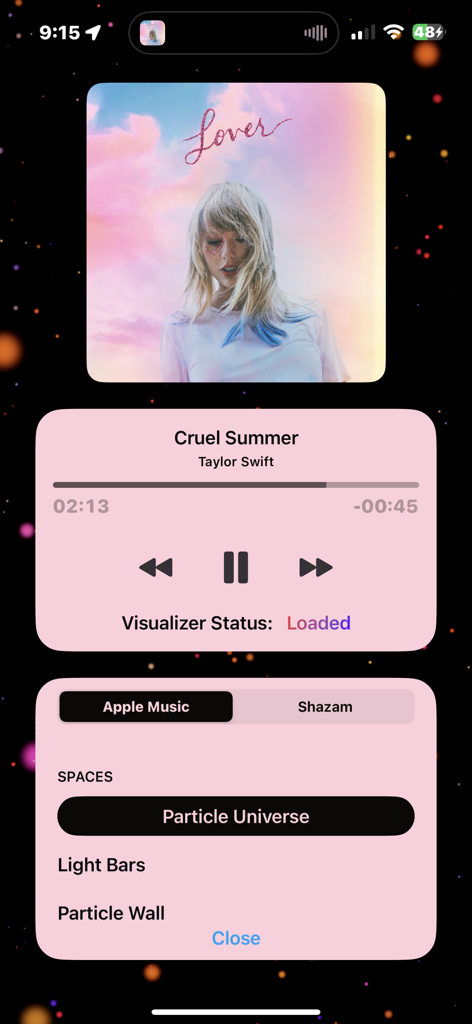 Spatial Music Visualizer - Music player interface with Taylor Swift album art and particle visualizer options.