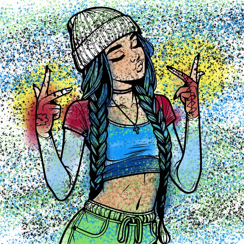 realistic teenage girl with braids and a beanie and crop top doing 🫶🏼