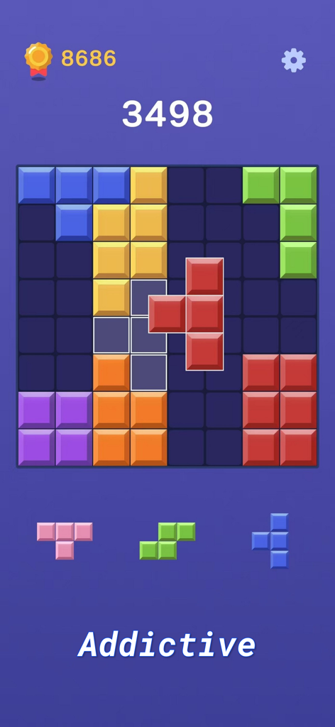 ブロッククラッシュのゲームプレイ、カラフルなブロックをグリッドに配置し、スコアは3498です。